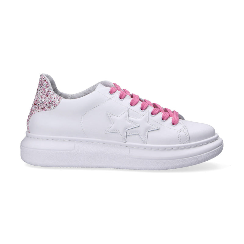2 Star sneakers pelle bianca e glitter rosa