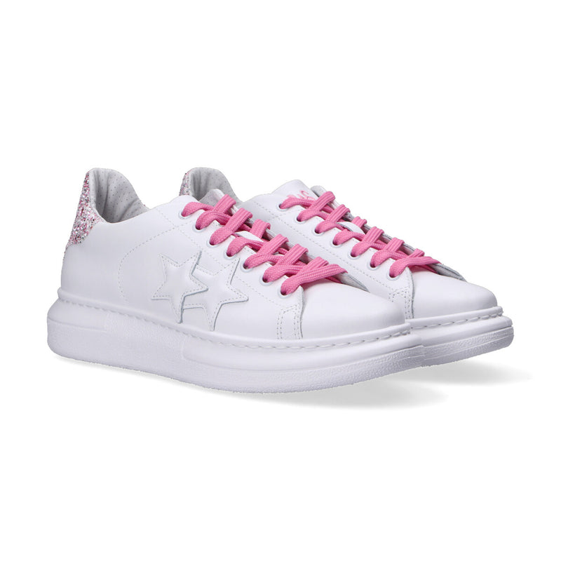 2 Star sneakers pelle bianca e glitter rosa
