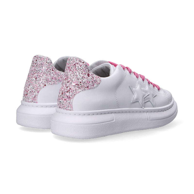 2 Star sneakers pelle bianca e glitter rosa